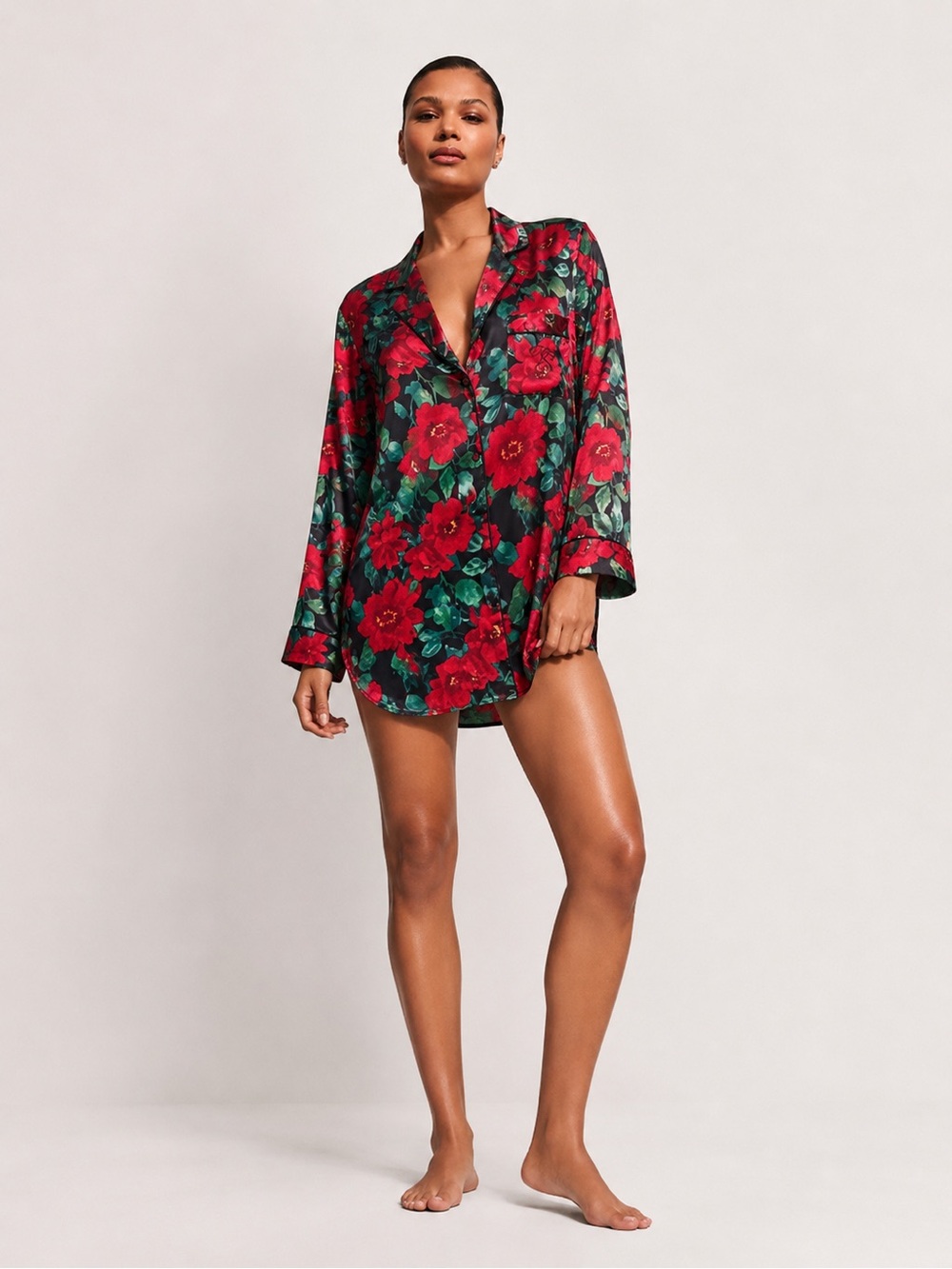 Vintage Victoria’s Secret Gold Label Button Down Red Floral Sleep Shirt Size L